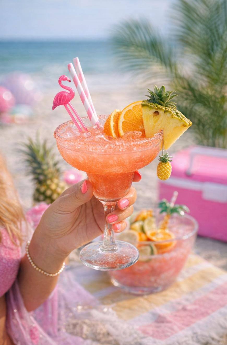A hand holds a pink frozen cocktail in a margarita glass, garnished with orange and pineapple slices, a pineapple charm, striped straws, and a flamingo stirrer. The beach, palm, and picnic setup are in the background.