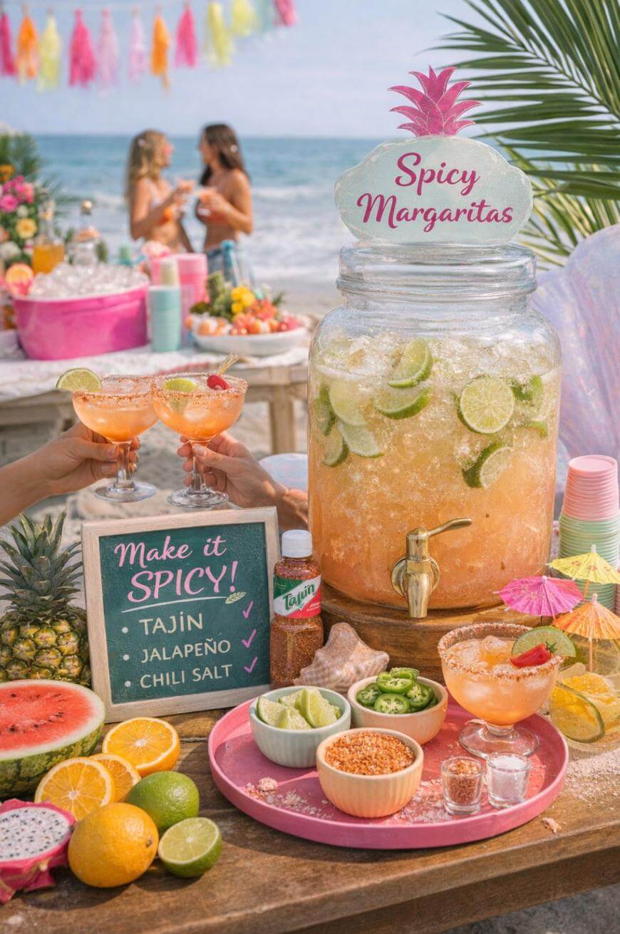 A beachside table is set with a large glass dispenser of spicy margaritas, sliced limes, a sign with spicy ingredient options, and colorful fruits. In the background, two women toast margaritas by the ocean.