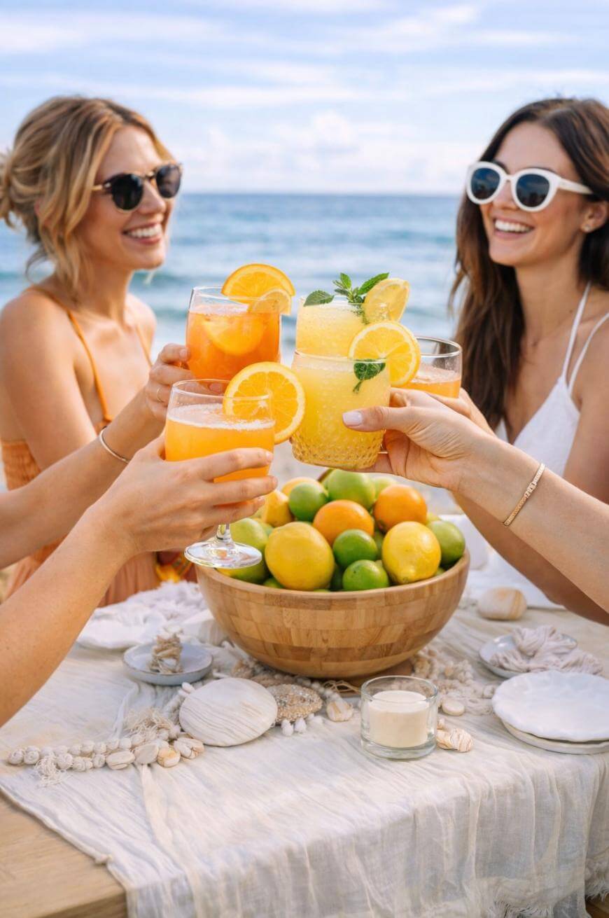 Two women in sunglasses smile and toast with colorful citrus drinks at a beachside table, which is decorated with seashells and a bowl of fresh lemons and limes. The ocean and blue sky are in the background.