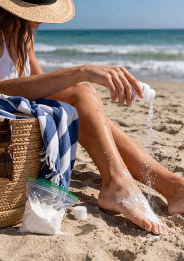 A woman sitting on the beach pours powder on her foot. Beside her is a straw bag with a striped towel, sunglasses, and a plastic bag with powder. The ocean and sky are visible in the background.