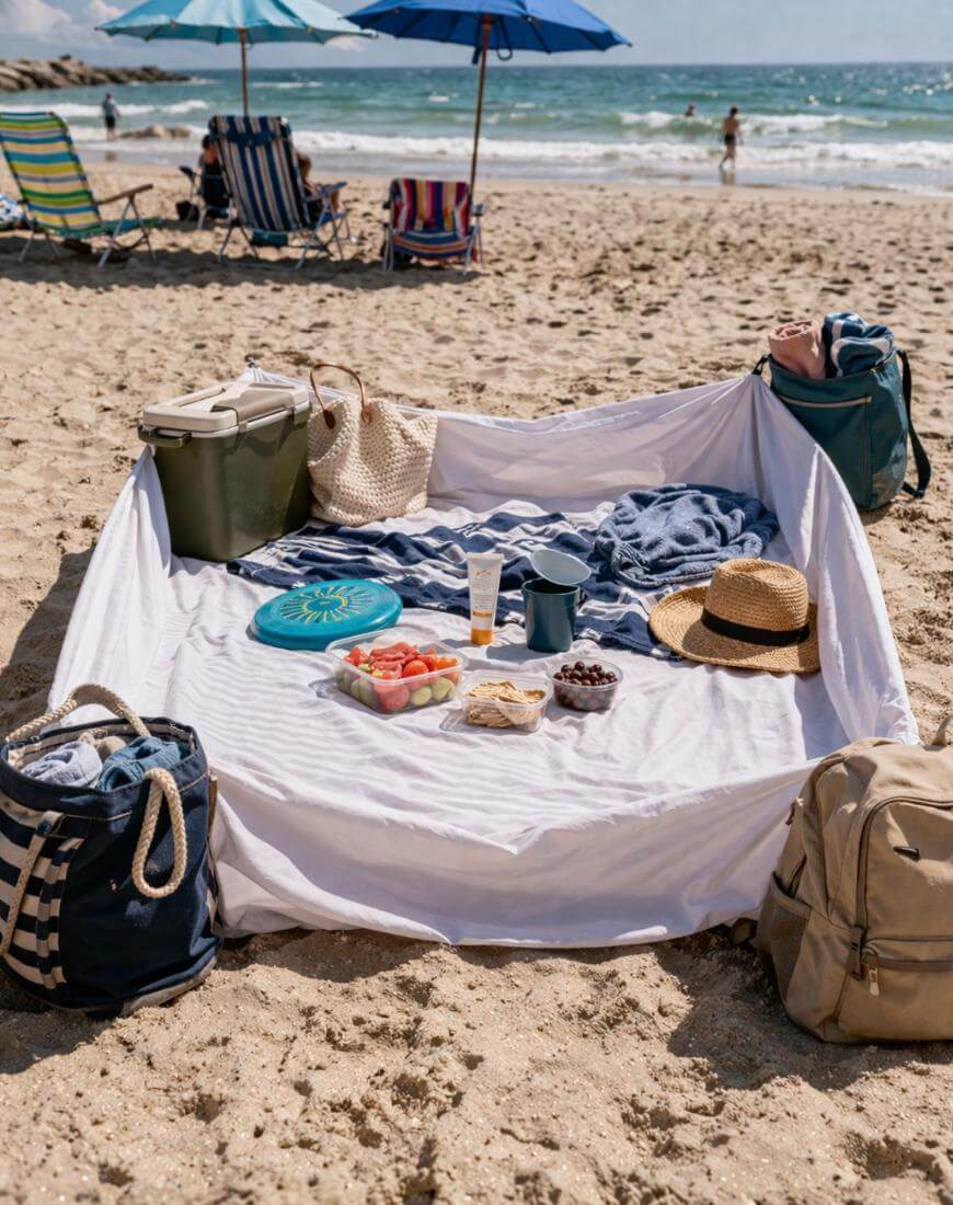 A picnic setup on sandy beach with a white sheet, bags, hats, snacks, drinks, and a cooler. Two umbrellas and people are in the background near the shore with waves and bright sunlight.
