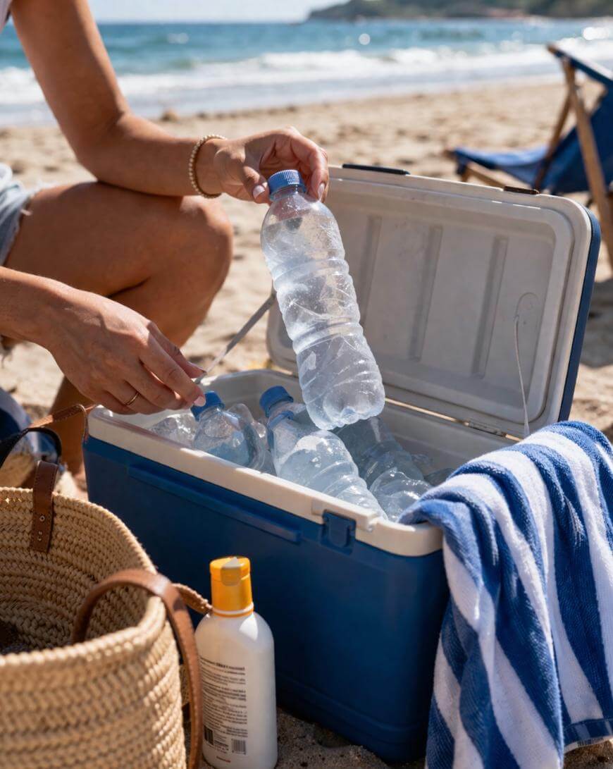 A person on a sandy beach takes a bottle of water from a blue cooler filled with bottled water and ice. Nearby are a striped towel, a straw bag, sunscreen, and the ocean in the background.