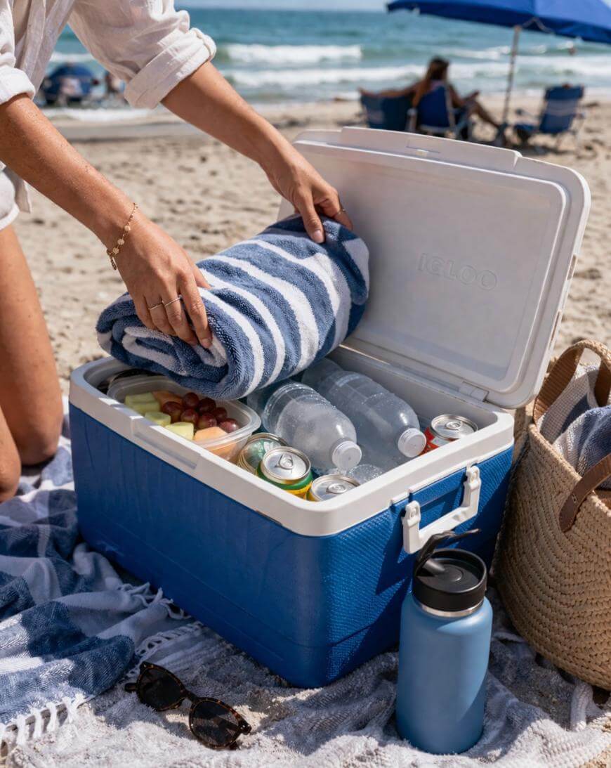 A person packs a blue cooler with a striped towel, water bottles, canned drinks, and fruit containers on a sandy beach. Nearby are a straw bag, a blue water bottle, and sunglasses. The ocean and umbrellas are in the background.