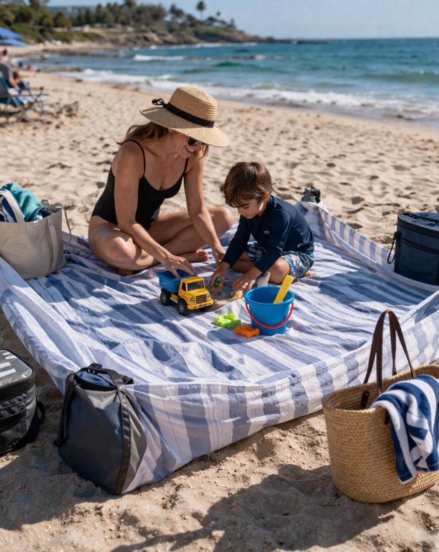 Woman in a sun hat and swimsuit plays with a boy on a striped beach blanket with toys.