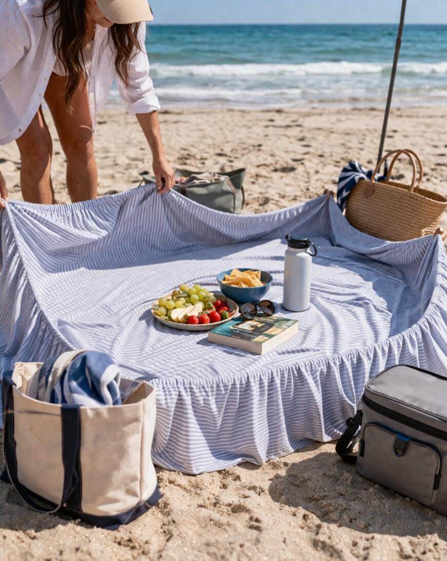A person sets up a beach picnic blanket with fruit, chips, a book, and drinks. A cooler, tote bag, and straw basket are nearby.