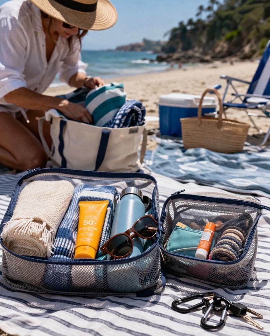 A woman in a sunhat sits on a striped blanket at the beach, packing a tote bag. In the foreground are mesh pouches holding sunscreen, a water bottle, sunglasses, towels, snacks, and other beach essentials.