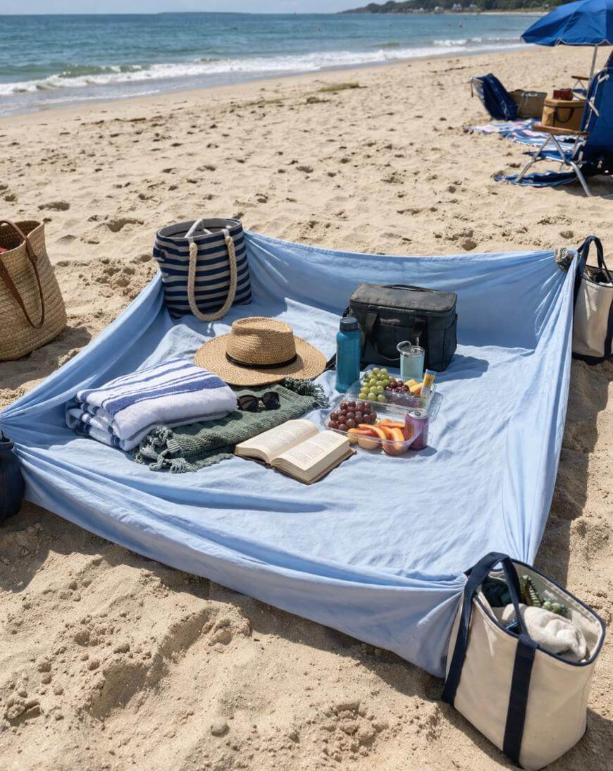 A beach picnic setup on sand with a light blue blanket framed by bags, holding towels, a straw hat, a book, drinks, fruit, a cooler, and a striped tote, with the ocean and beach chairs in the background.