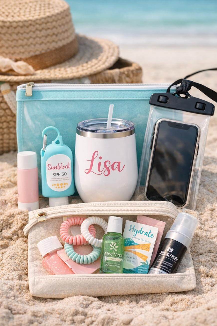 A beach scene with a hat, pastel pouches holding a tumbler labeled Lisa, a phone in a waterproof case, sunblock, lip balm, hand sanitizer, hair ties, moisturizer, and face mist arranged on the sand.