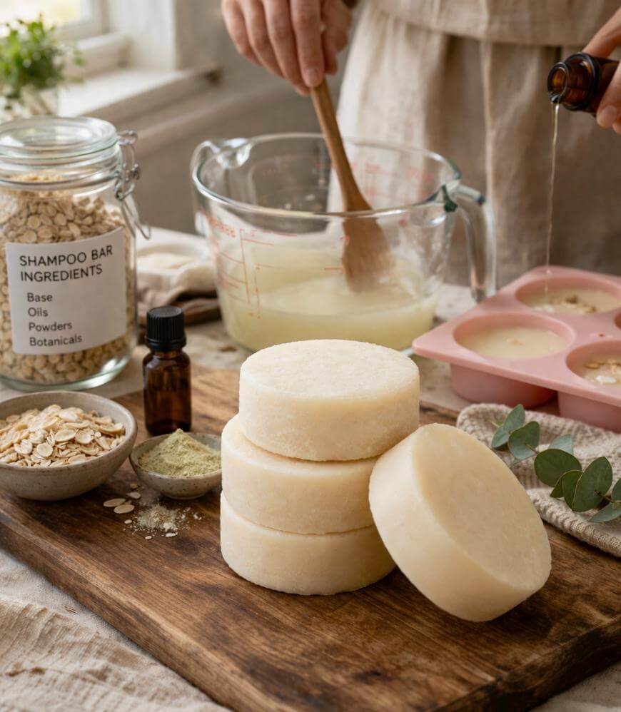 A person prepares homemade shampoo bars in a kitchen. Four finished bars are stacked on a wooden board with oats, powder, a small bottle, and a jar labeled “Shampoo Bar Ingredients” nearby. Another person pours oil into a mold.