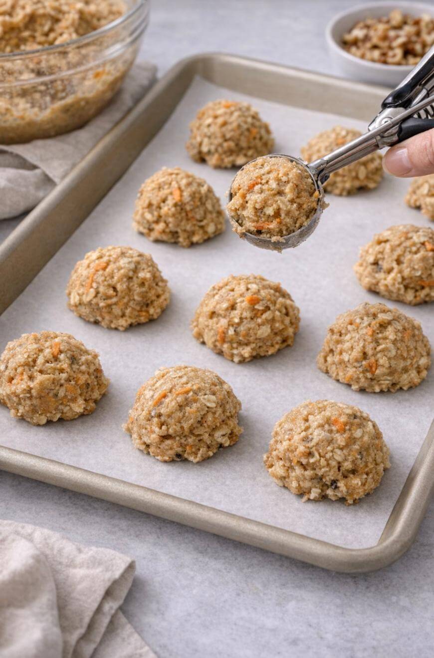A hand uses a metal cookie scoop to portion out mounds of unbaked cookie dough onto a parchment-lined baking sheet. A bowl of dough and a dish of nuts are in the background.