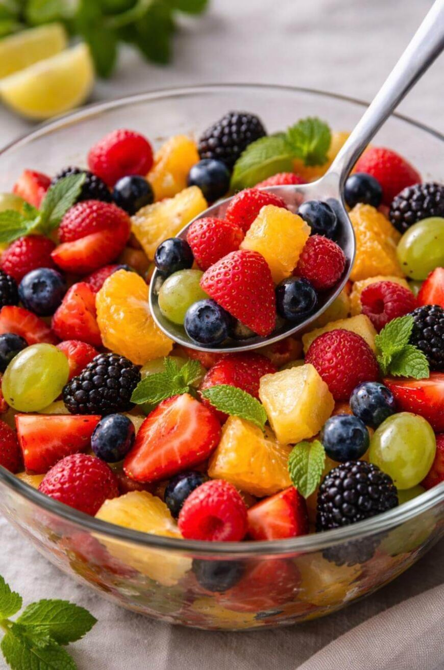 A glass bowl filled with a colorful fruit salad of strawberries, blueberries, blackberries, green grapes, pineapple, orange segments, and fresh mint leaves. A spoon holds a mix of the fruits above the bowl.