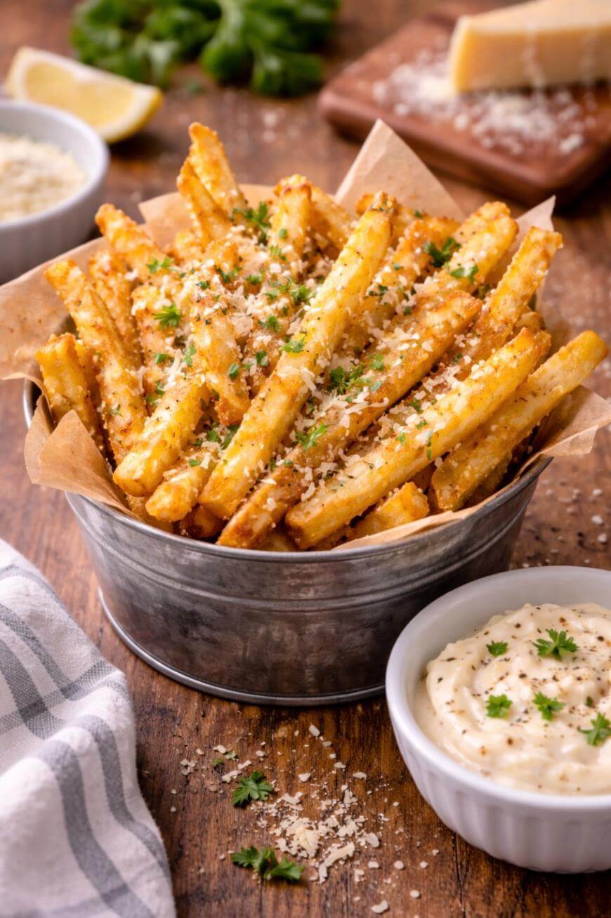 A metal bucket filled with crispy French fries topped with grated cheese and parsley, served with a side of creamy dipping sauce on a wooden table. A lemon wedge, cheese, and herbs are visible in the background.