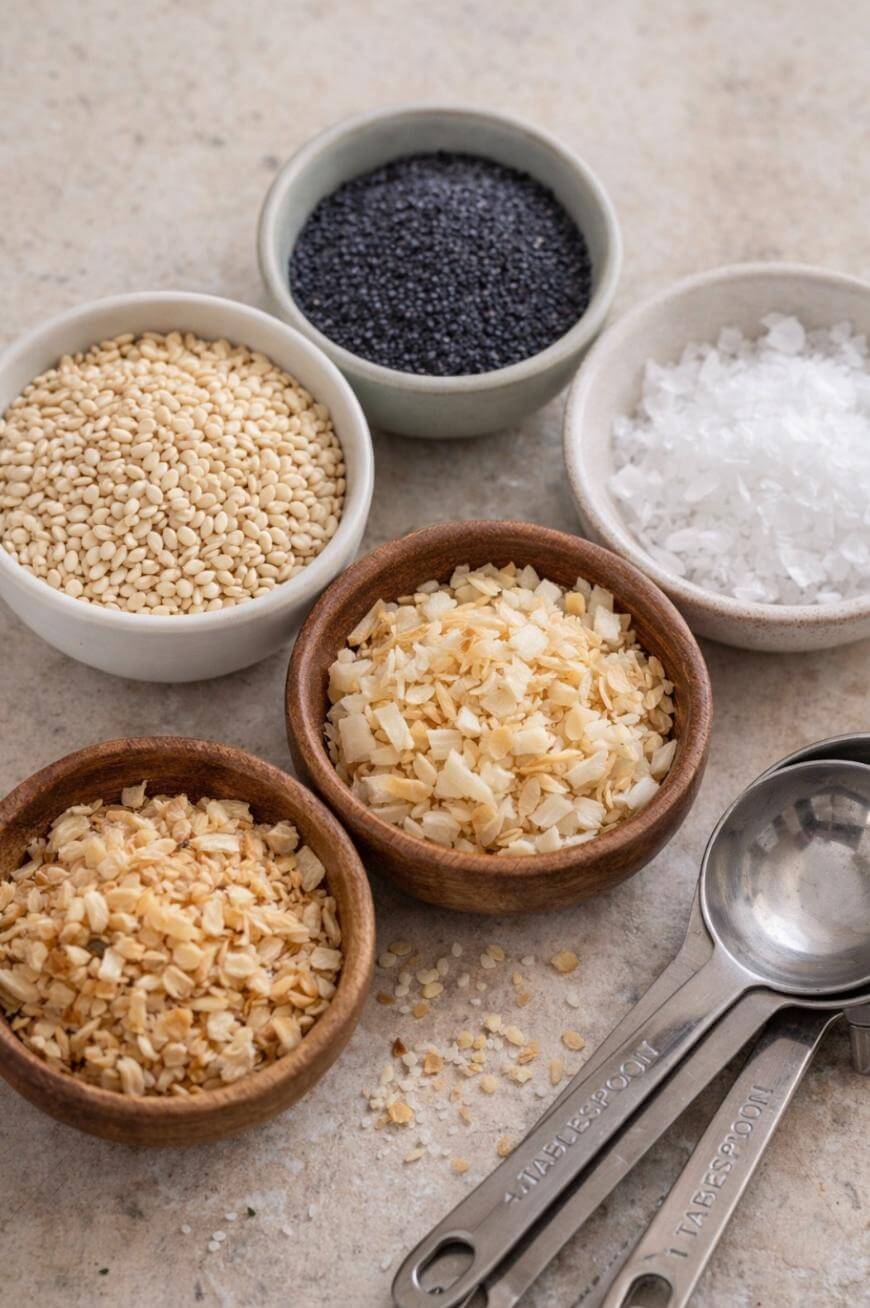 Five small bowls hold poppy seeds, sesame seeds, flaked sea salt, chopped dried onions, and chopped dried garlic. Three metal measuring spoons are placed next to the bowls on a light countertop.