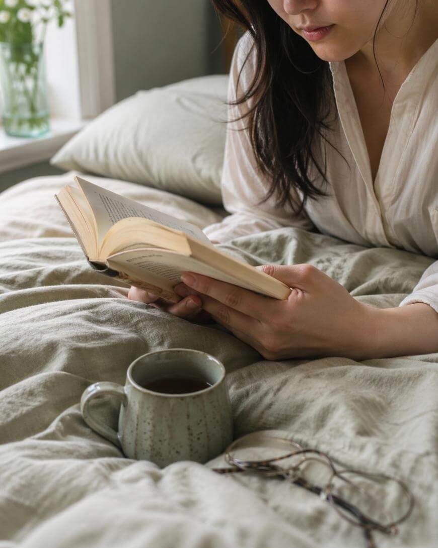 A woman in a white shirt reads a book while lying on a bed with light-colored bedding. A mug of tea or coffee and a pair of eyeglasses rest on the bed in front of her.