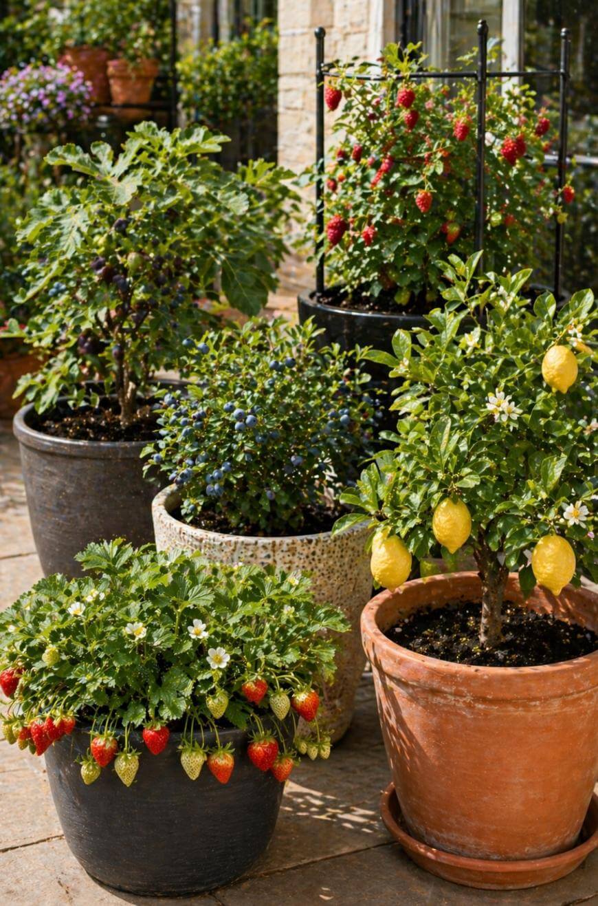 Potted fruit plants on a sunny patio, including a small lemon tree with yellow lemons, a strawberry plant with ripe strawberries, a blueberry bush, and a plant with clusters of small red fruits.