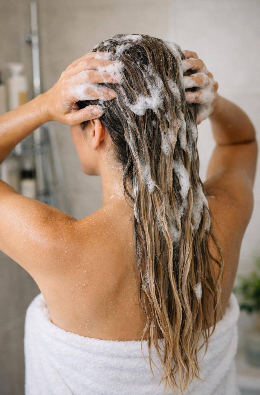 A person with long wet hair wrapped in a white towel is washing their hair, creating lather with shampoo. The image is taken from behind, showing their hands massaging their scalp.