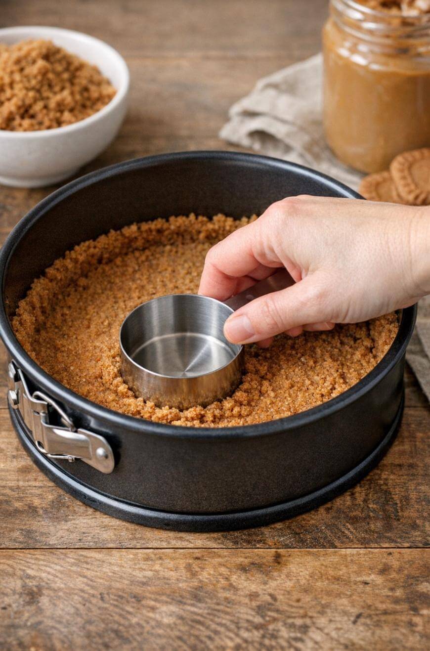 A hand presses crumb mixture into a round springform pan using a metal measuring cup, while a bowl of crumbs and a jar of spread sit on a wooden table nearby.