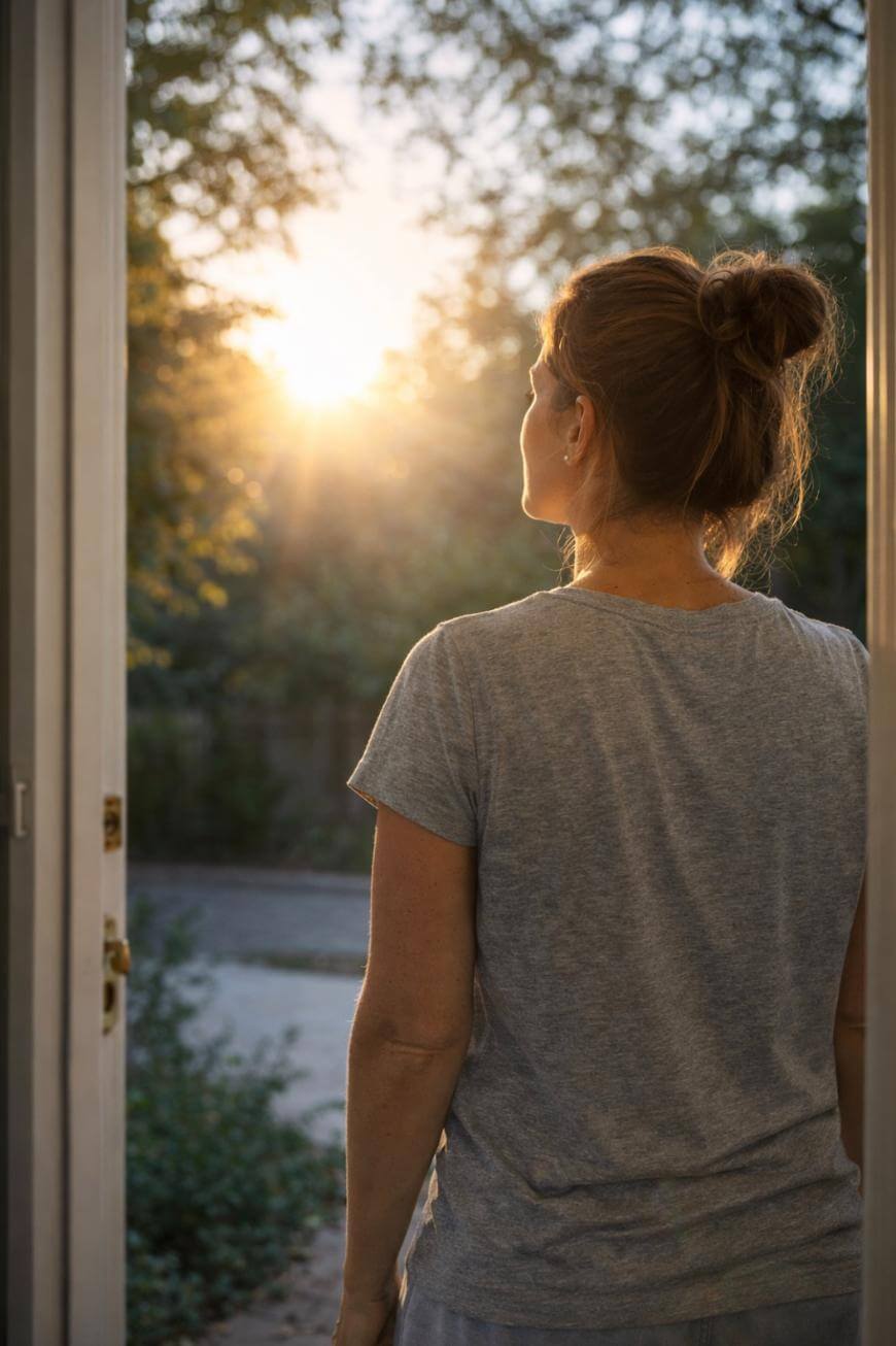 A woman with brown hair in a bun, wearing a gray t-shirt, stands in a doorway looking outside at the sunrise or sunset, with trees and soft sunlight in the background.