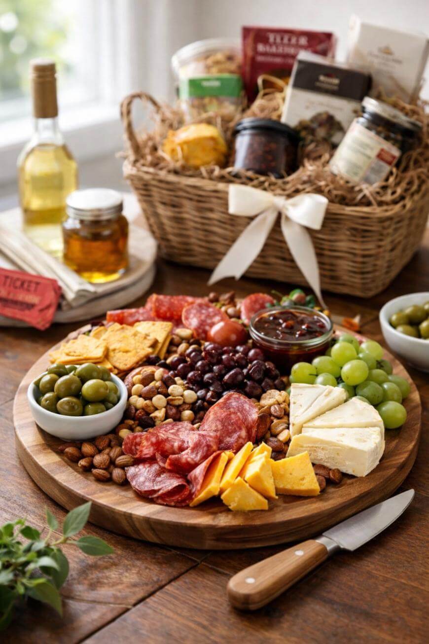 A wooden board with assorted cheeses, salami, crackers, nuts, olives, grapes, and dip, with a gift basket, honey jar, and wine bottle in the background on a wooden table.