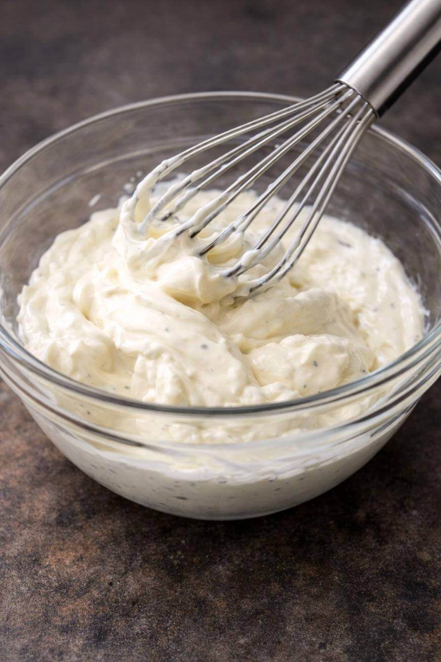 A glass bowl filled with creamy white ranch dressing is being whisked with a metal whisk on a dark countertop.