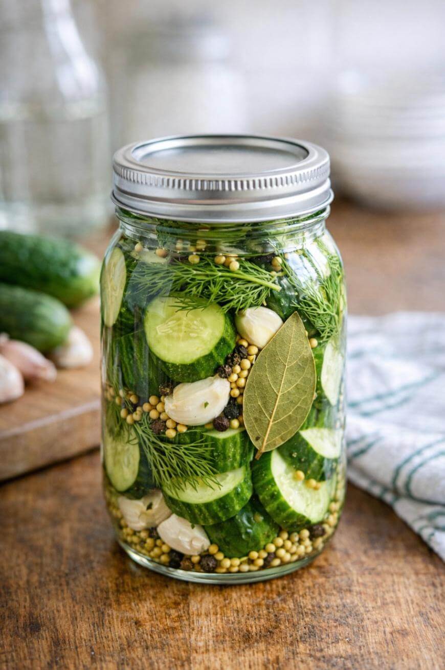 A glass jar filled with sliced cucumbers, garlic cloves, dill, spices, and a bay leaf, sitting on a wooden surface with cucumbers and garlic in the background.