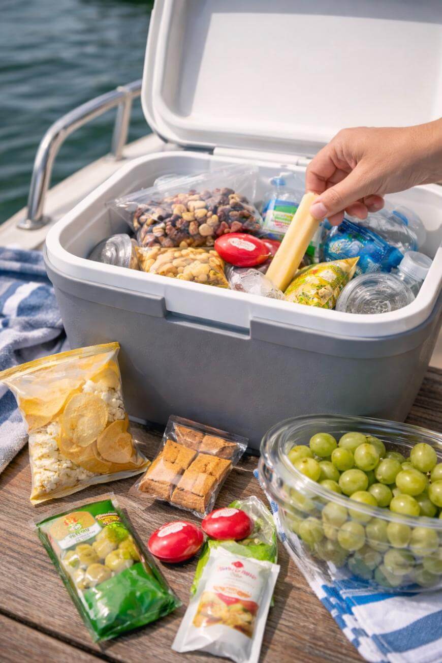 A hand reaches into a cooler filled with snacks like string cheese, nuts, crackers, grapes, and mini cheese wheels, with more snacks and fruit laid out on a wooden surface next to a body of water.