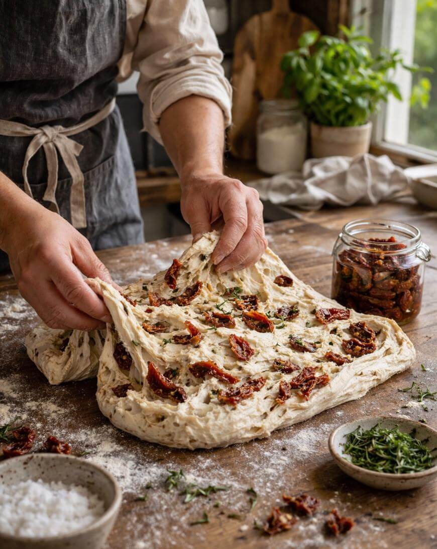A person in an apron stretches focaccia dough topped with sun-dried tomatoes and herbs on a floured wooden surface. Nearby are bowls of salt, herbs, and a jar of sun-dried tomatoes, with fresh basil in the background.