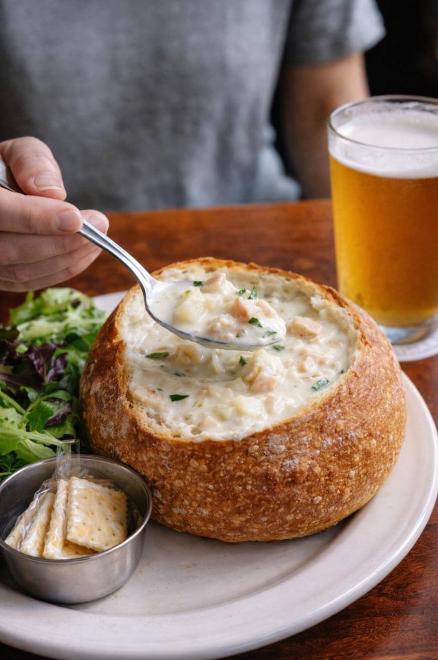 A person holds a spoon of creamy soup from a bread bowl, served with salad, crackers, and a glass of beer on a wooden table.