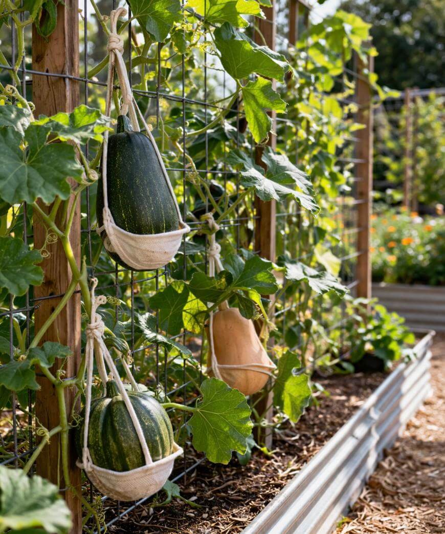 Large squashes growing vertically on a trellis in a garden are supported by fabric slings tied to a metal frame, surrounded by green leaves and other garden beds in the background.