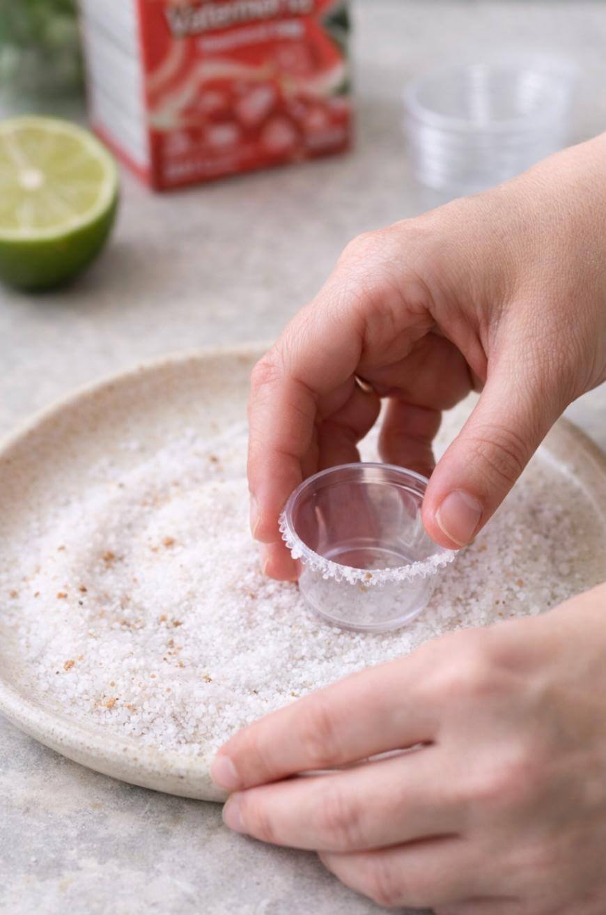 A hand presses the rim of a small plastic cup into a plate of coarse salt. A halved lime and a box of tomato juice are visible in the background.