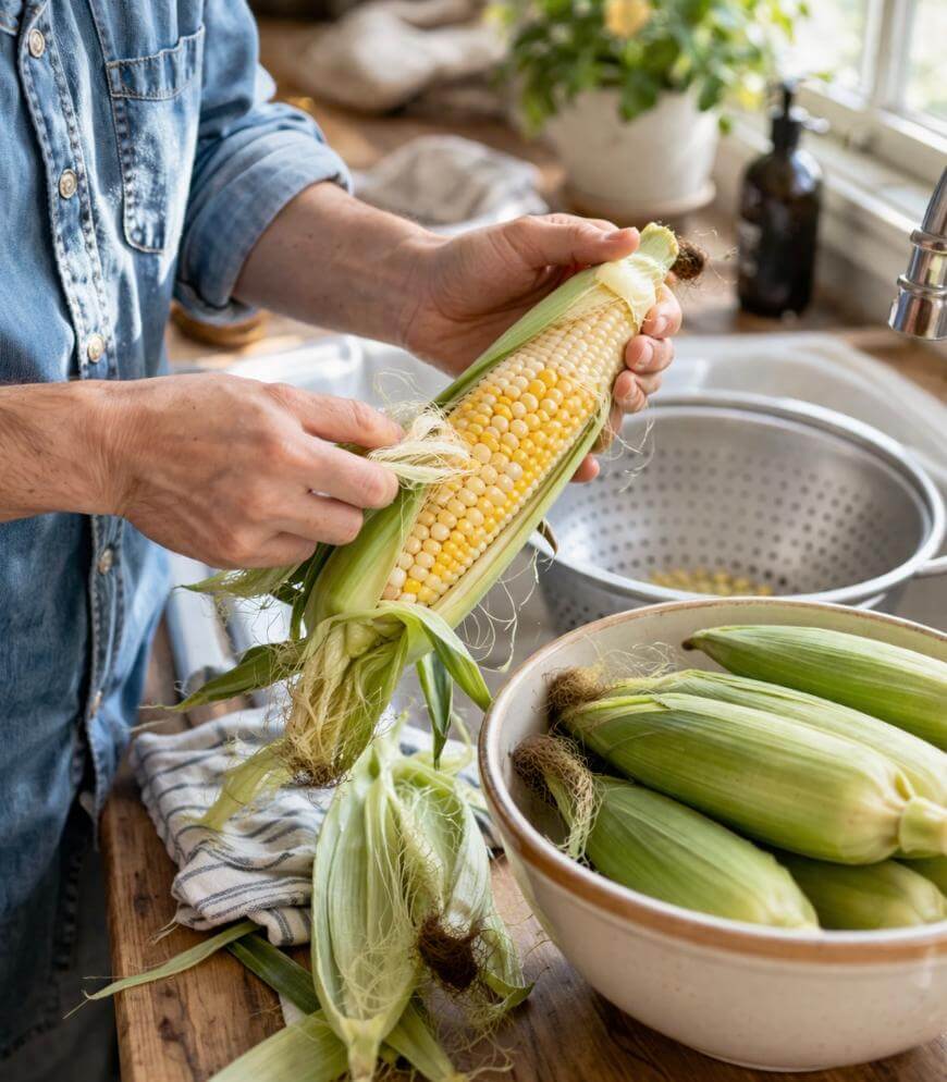 A person peeling the husk off a fresh ear of corn in a kitchen, with a bowl of more corn cobs on the counter and a metal colander near a window in the background.