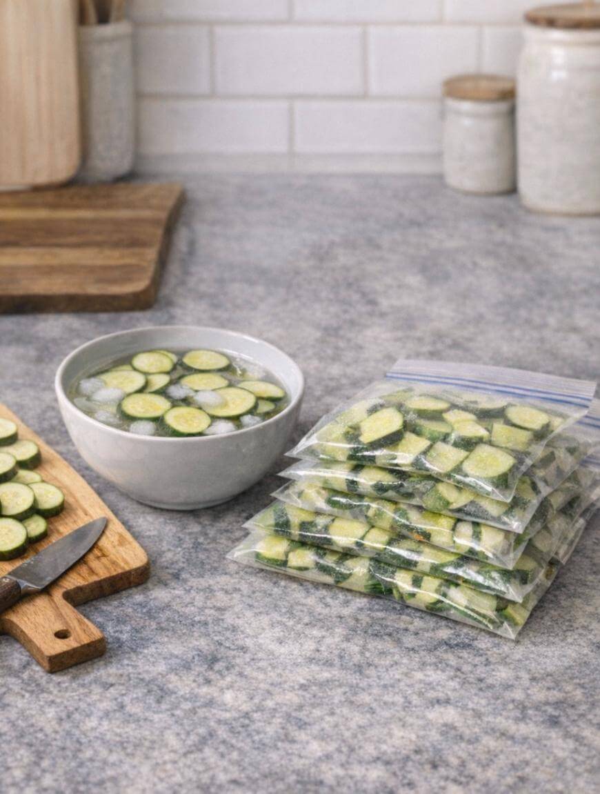 Sliced zucchini soaking in a bowl of water, a knife and more slices on a cutting board, and five resealable bags filled with sliced zucchini on a kitchen countertop.
