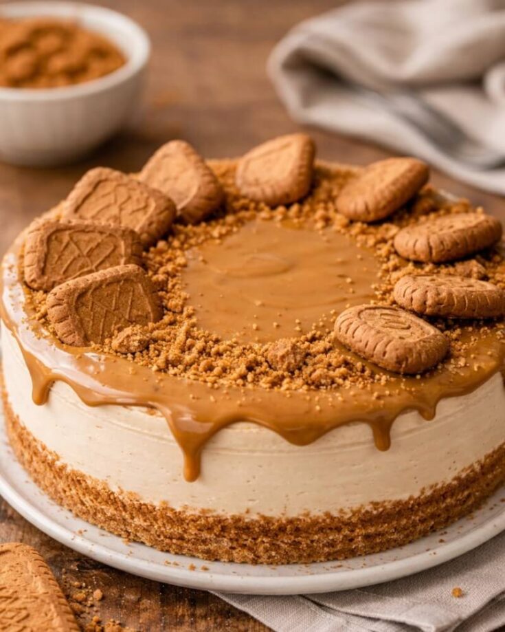 A round cheesecake topped with a caramel-like sauce, biscuit crumbs, and whole rectangular cookies arranged around the edge, sitting on a white plate with a beige napkin nearby.