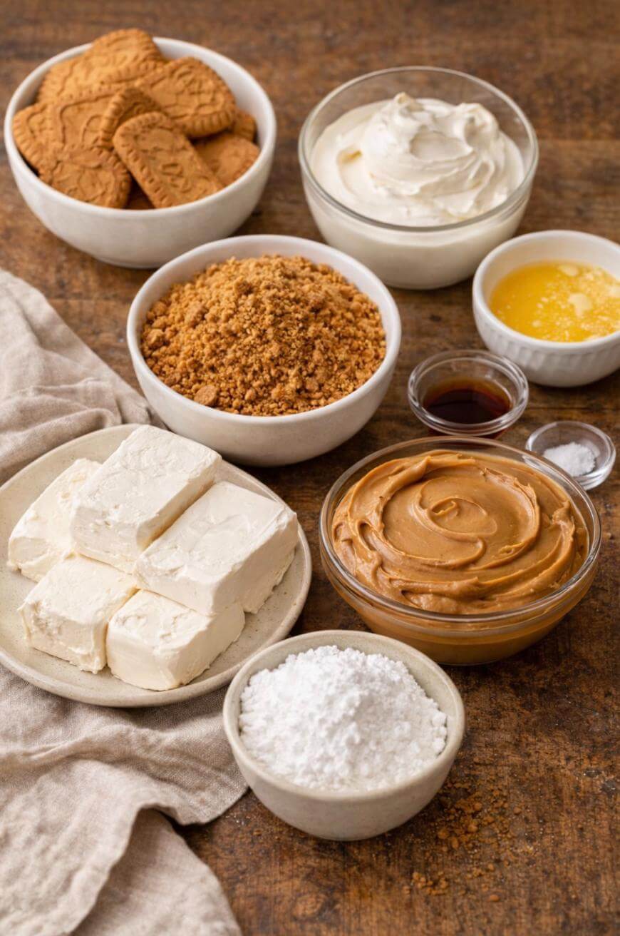 Assorted baking ingredients in bowls on a wooden surface, including cookies, whipped cream, crushed cookies, melted butter, vanilla extract, salt, cream cheese, peanut butter, and powdered sugar.
