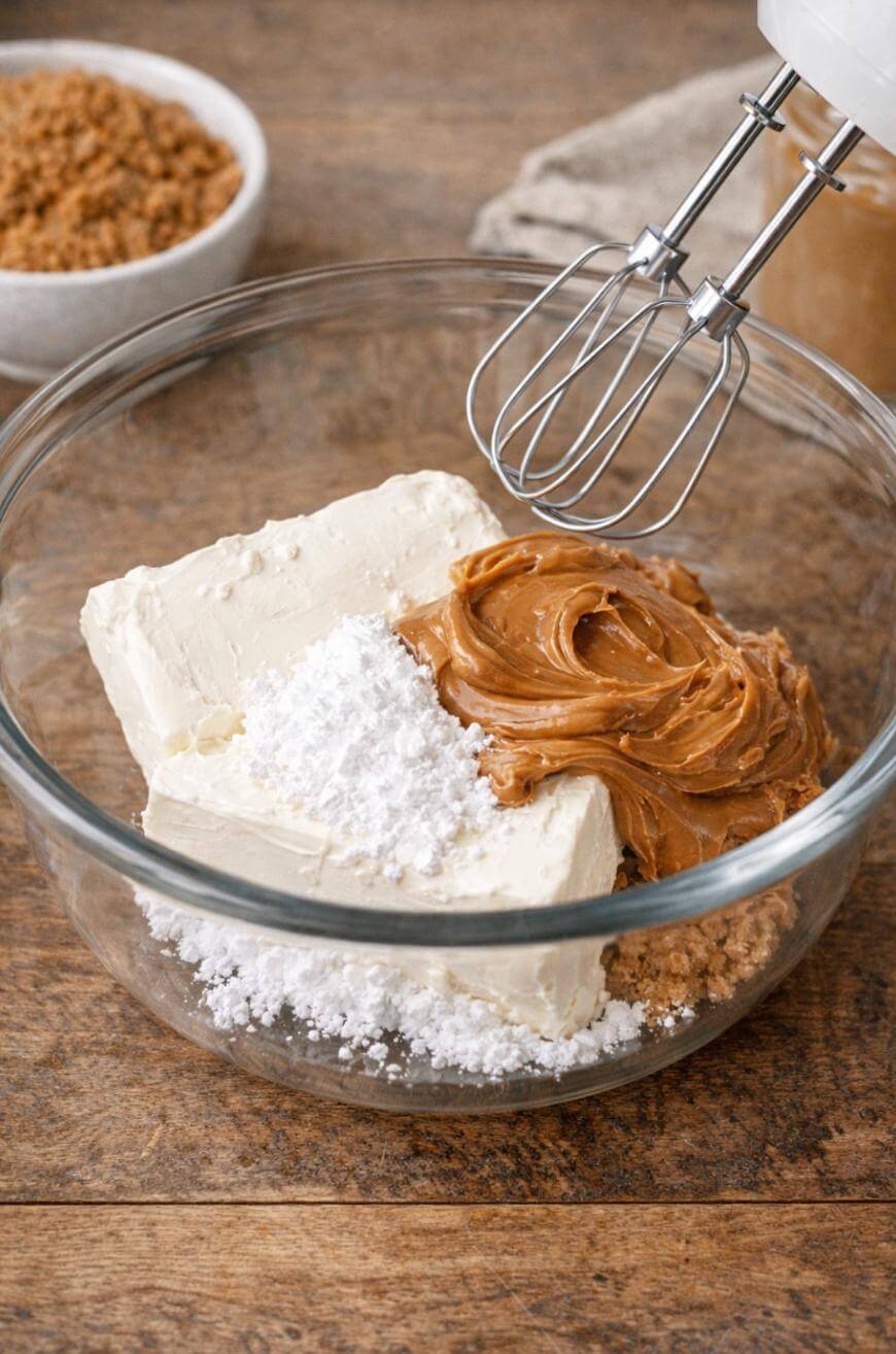 A glass bowl with cream cheese, peanut butter, powdered sugar, and brown sugar, ready to be mixed with a handheld electric mixer on a wooden surface. A bowl of brown sugar is in the background.