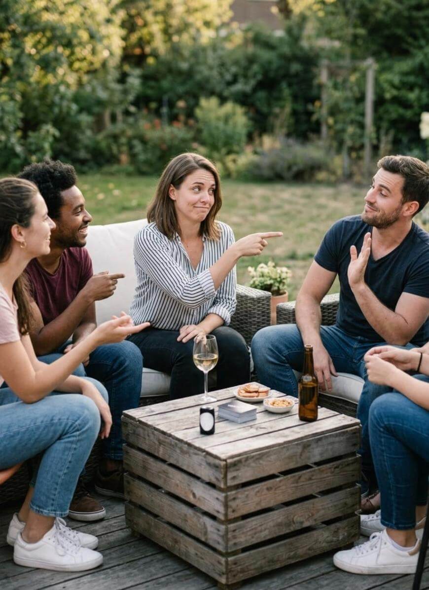 Five friends sit outdoors around a wooden table, laughing and talking. One woman in the center points playfully at a man who gestures back. Drinks and snacks are on the table, with greenery in the background.