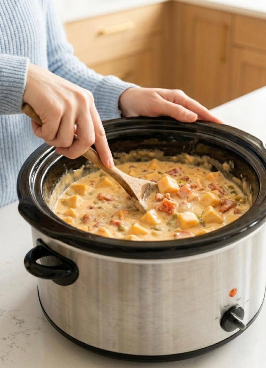 A person stirs a creamy mixture with diced vegetables inside a slow cooker using a wooden spoon. The slow cooker sits on a light-colored kitchen counter.