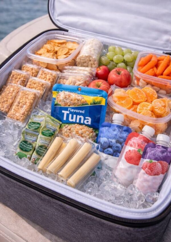 A cooler filled with ice holds various snacks, including grapes, apples, carrots, mandarin oranges, blueberries, granola bars, string cheese, tuna, crackers, and fruit pouches.