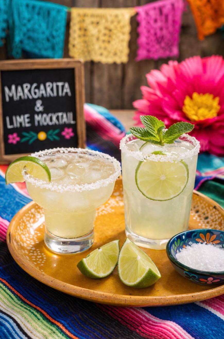 Two glasses with salted rims filled with margarita mocktails, garnished with lime and mint, on a colorful plate with lime wedges. A chalkboard sign and vibrant decorations are in the background.
