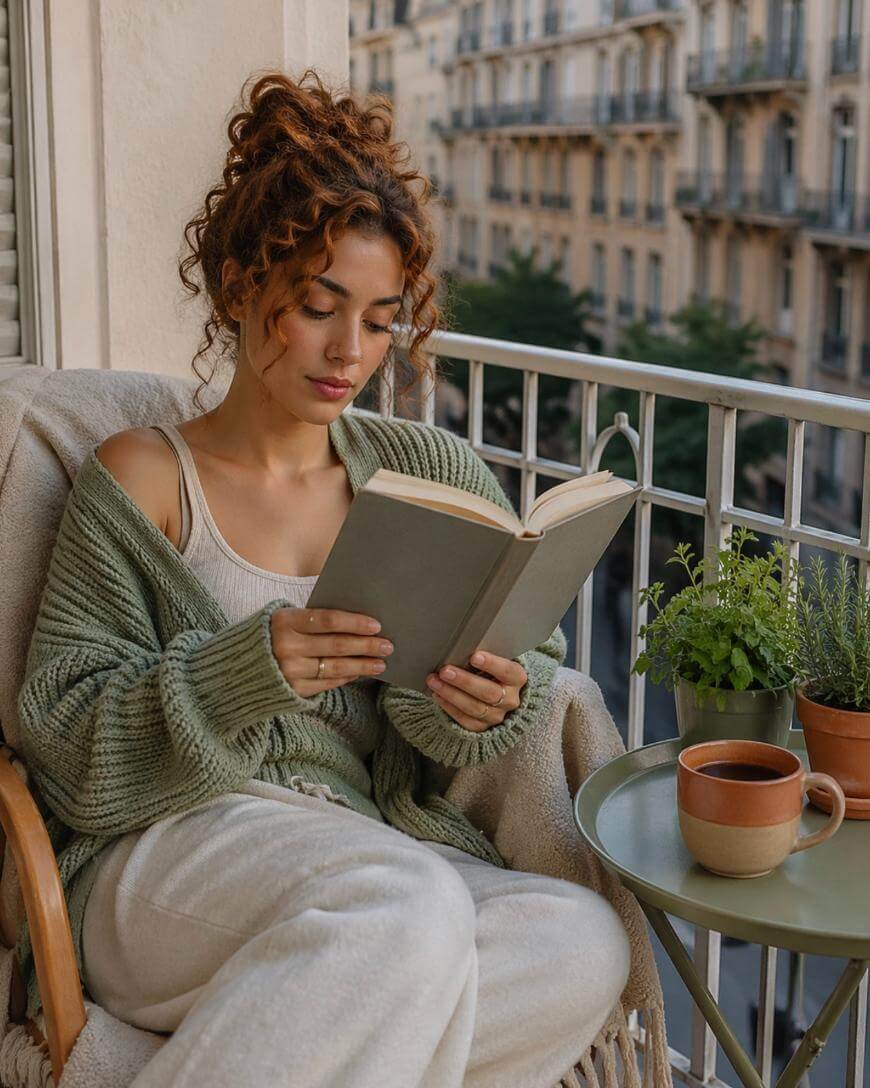 A woman with curly hair sits on a balcony, wearing a cozy sweater and light pants, reading a book. Next to her is a table with a cup of coffee and potted plants. City buildings are visible in the background.