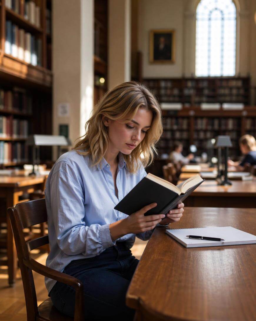 A woman with blonde hair reads a book at a wooden table in a spacious library with tall shelves and large windows. A notebook and pen are on the table beside her.