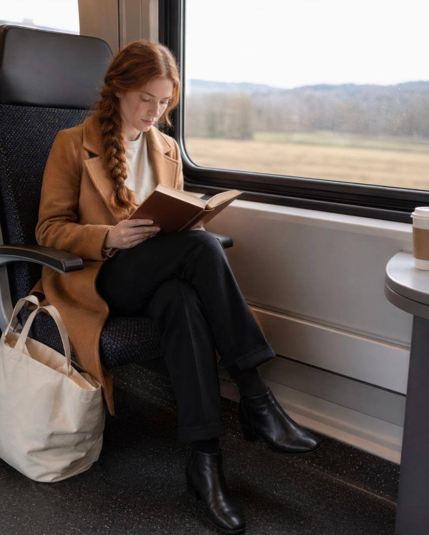 A woman with long red hair in a braid reads a book while sitting on a train. She wears a brown coat, black pants, and ankle boots. A large beige tote bag sits beside her and a coffee cup rests on a nearby table.