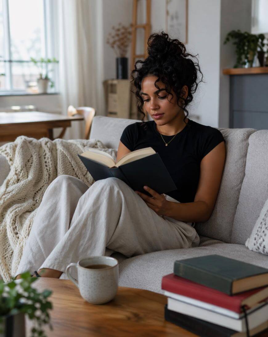 A woman with curly hair sits on a couch, wearing a black top and light pants, reading a book. A mug and stacked books are on the wooden coffee table in front of her. The room is cozy and filled with natural light.
