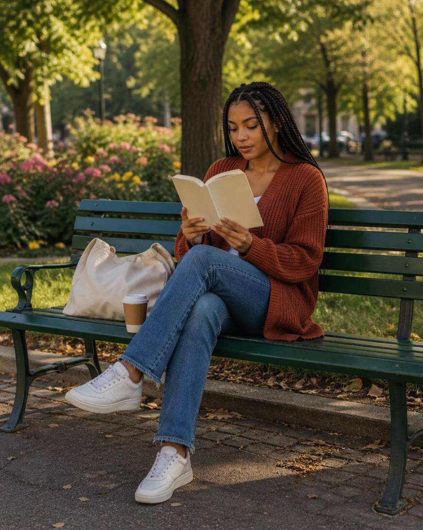 A woman with long braids sits on a green park bench, reading a book. She wears a rust-colored sweater, blue jeans, and white sneakers. A tote bag and a coffee cup are beside her. Trees and flowers are in the background.