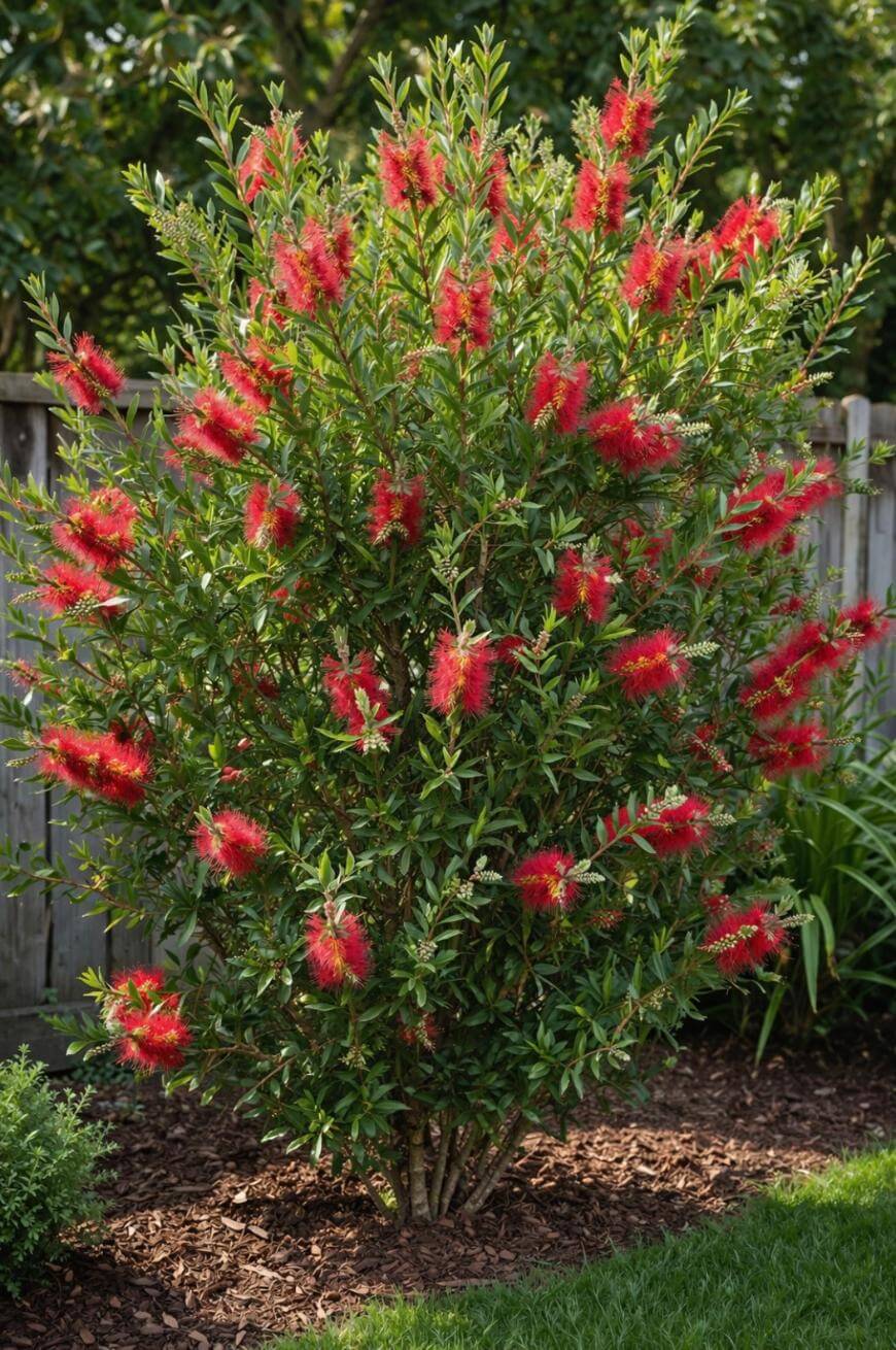 A bushy shrub with glossy green leaves and many bright red, bottlebrush-shaped flowers, growing in a mulched garden bed with a wooden fence and greenery in the background.