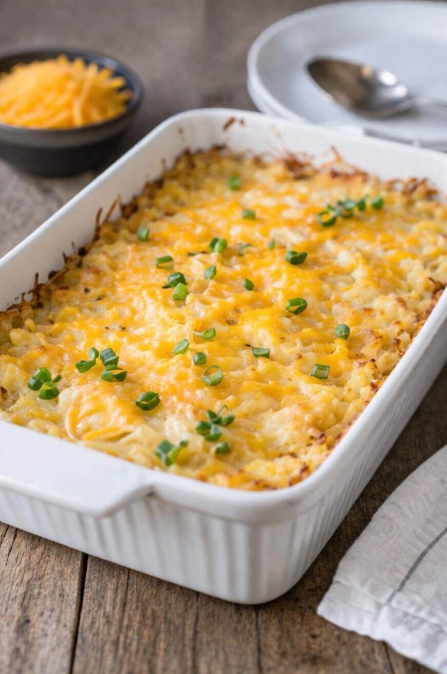 A baked cheesy potato casserole topped with melted cheese and chopped green onions in a white rectangular dish, with a bowl of shredded cheese, plates, and a spoon in the background.