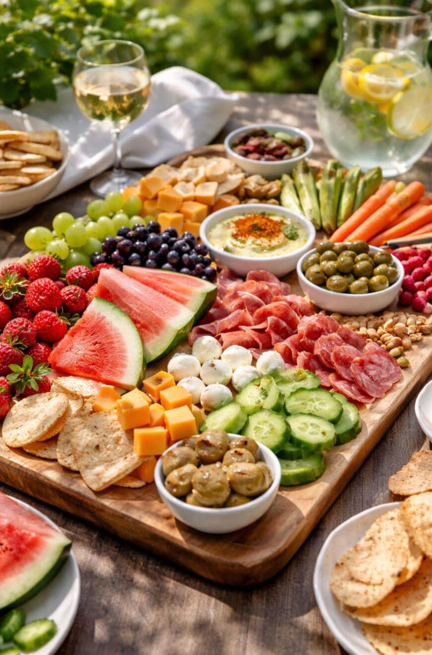 A wooden platter filled with assorted fruits, cheeses, cured meats, crackers, olives, cucumber slices, dip, and nuts. A glass of white wine and a pitcher of lemon water are in the background on an outdoor table.