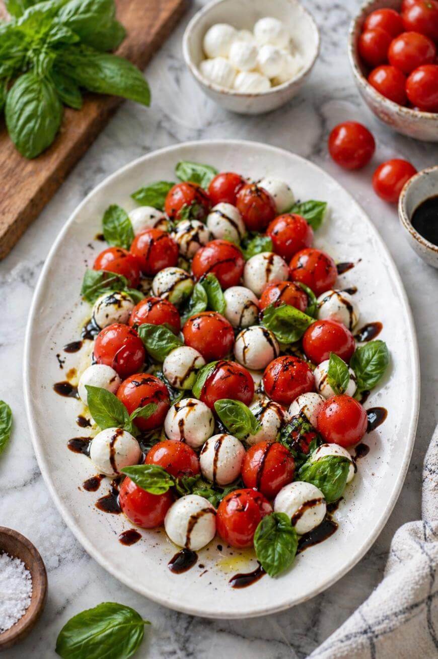A platter of caprese salad with cherry tomatoes, mozzarella balls, fresh basil leaves, and a drizzle of balsamic glaze, surrounded by bowls of tomatoes, basil, and mozzarella on a marble surface.