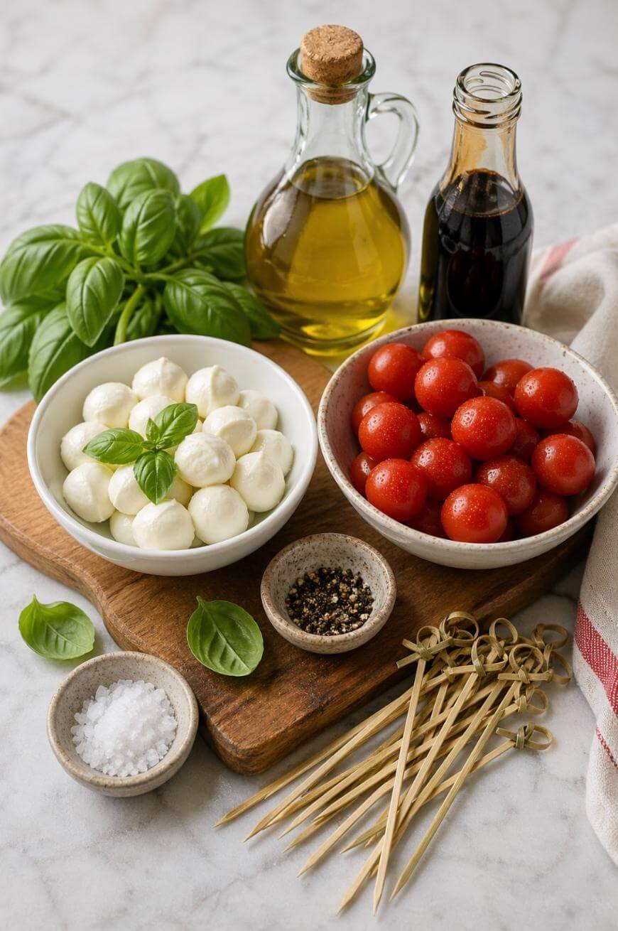 A board with mozzarella balls, cherry tomatoes, fresh basil, olive oil, balsamic vinegar, salt, pepper, and wooden skewers on a marble surface. A kitchen towel lies nearby.