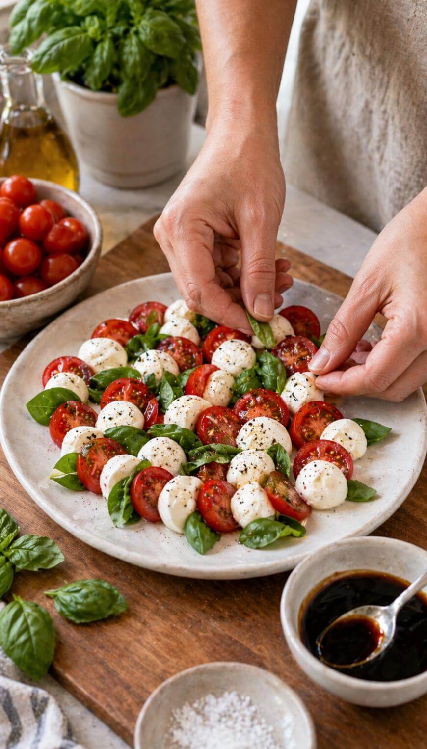 A person arranges fresh basil leaves on a plate of Caprese salad made with mozzarella balls, cherry tomato halves, and black pepper. Bowls of tomatoes, salt, and balsamic vinegar are nearby on a wooden surface.